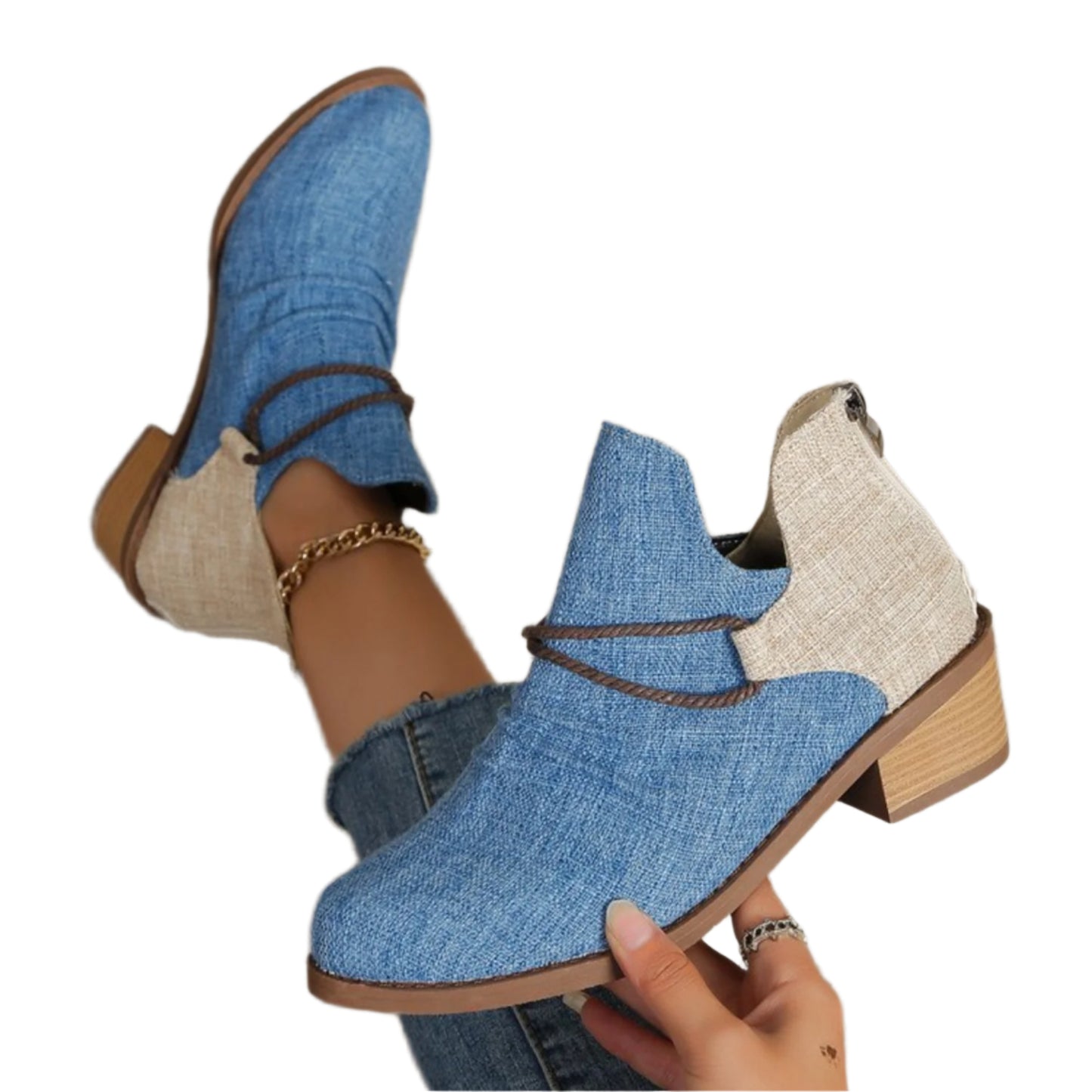 Contrast Canvas Low Heel Boots