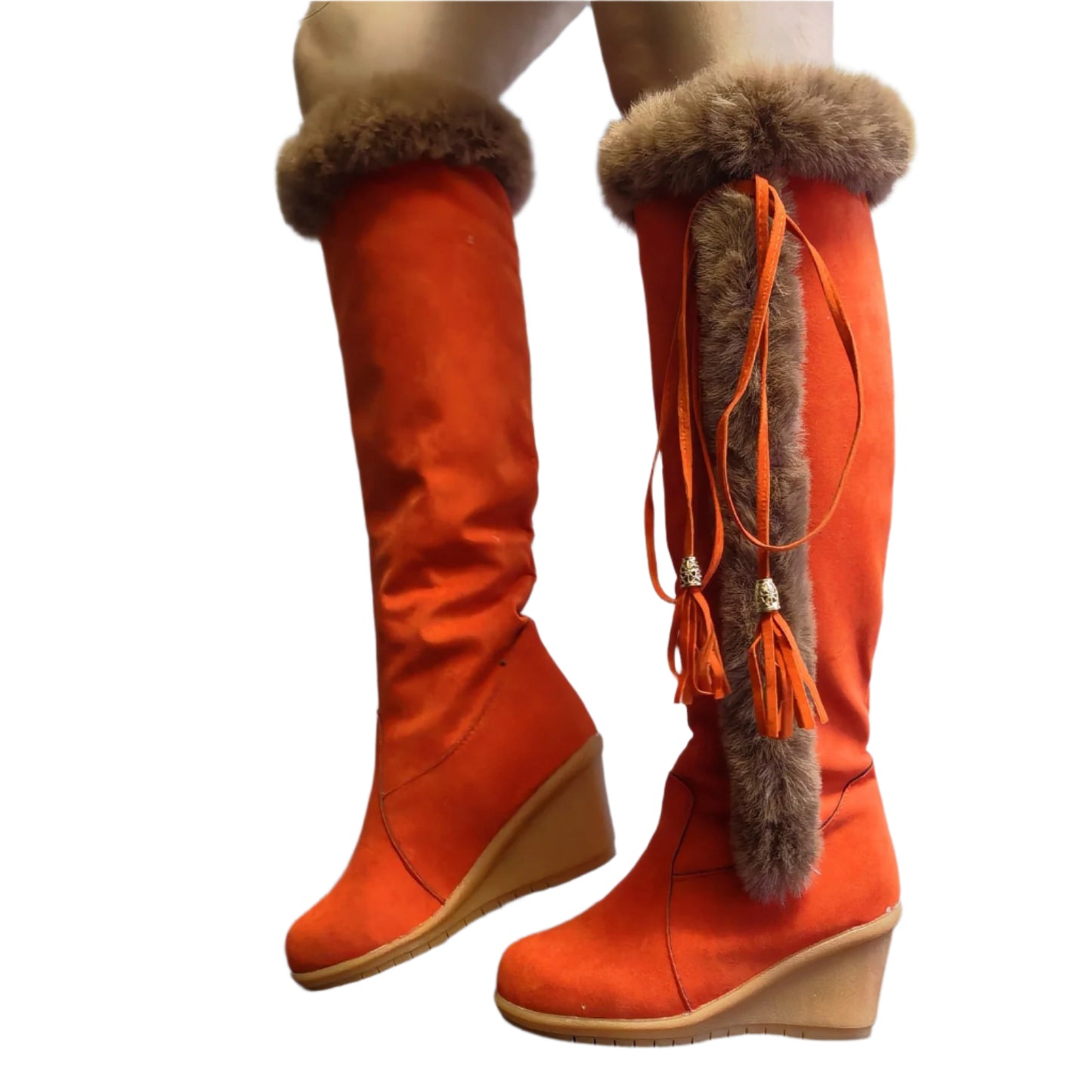 PU Leather Faux Fur Tassel Wedge Boots