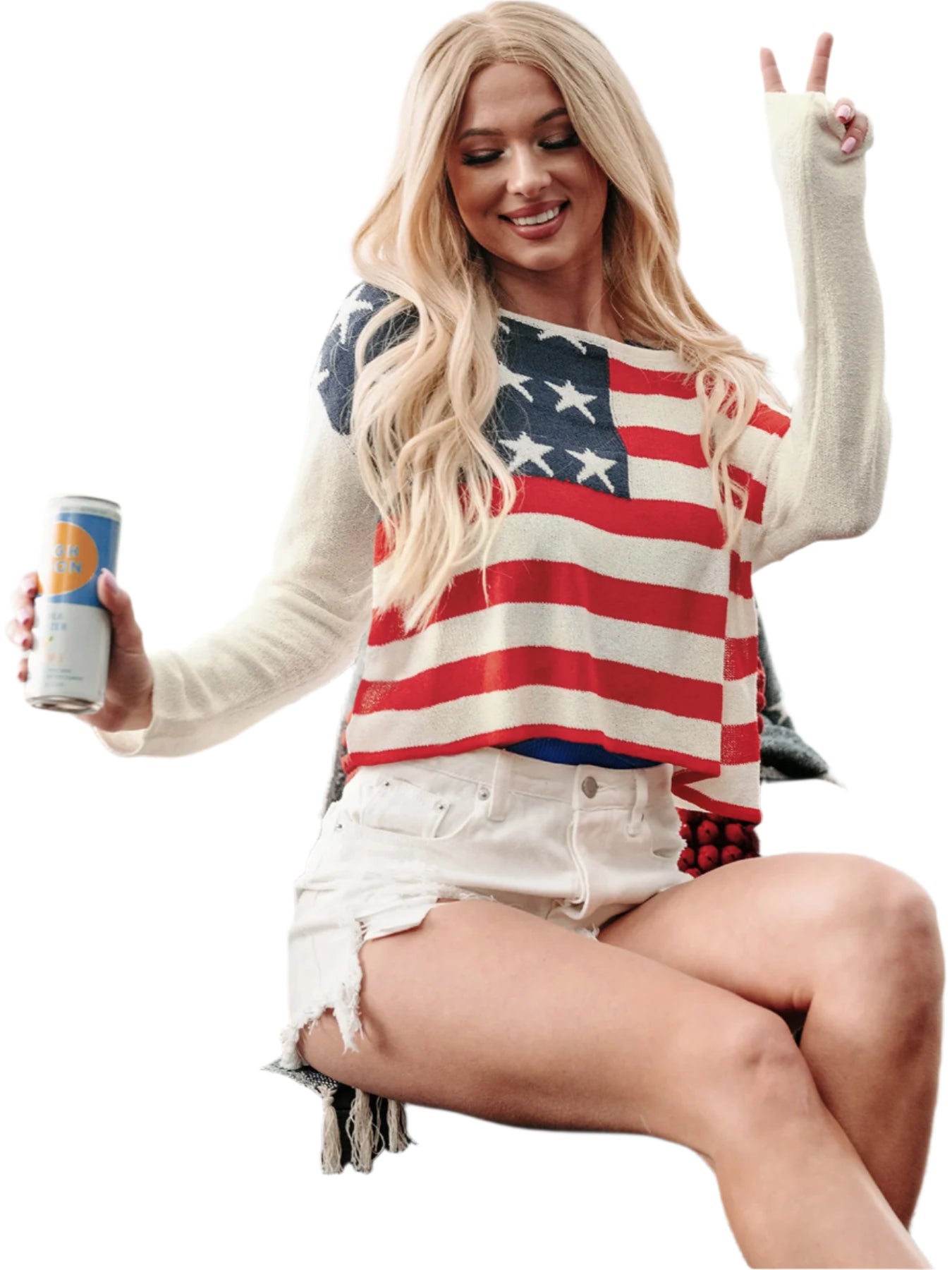 Perfee US Flag Boat Neck Long Sleeve Knit Top