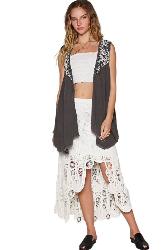 POL Embroidered Pearls Open Front Sleeveless Cardigan