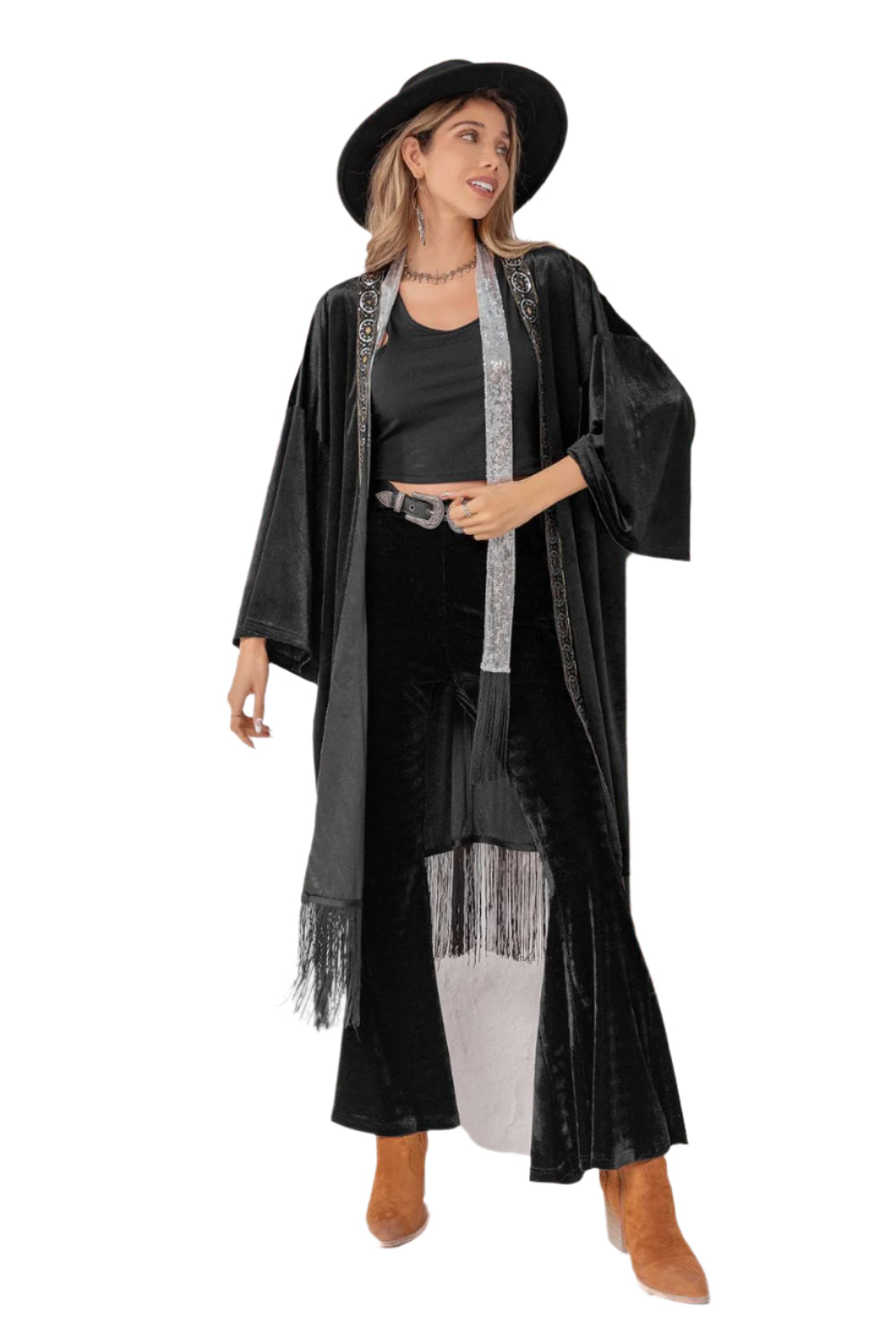 Opne Front Fringe Detail Long Sleeve Cardigan