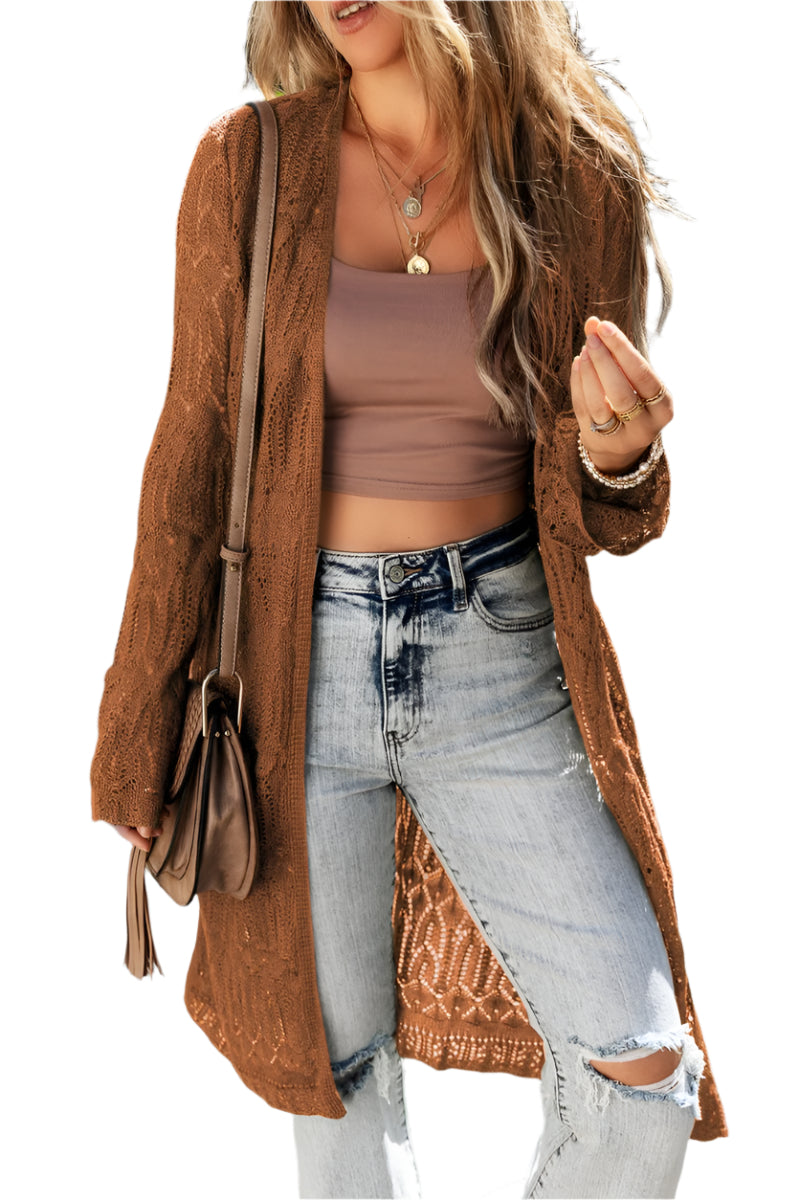 Openwork Open Front Long Sleeve Cardigan