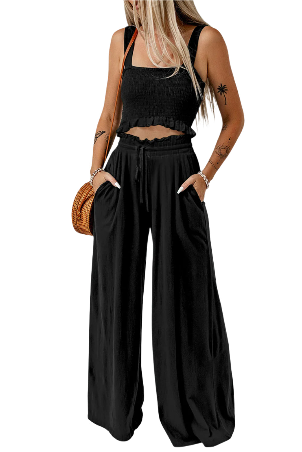 Square Neck Cropped Tank Top and Long Pants Set