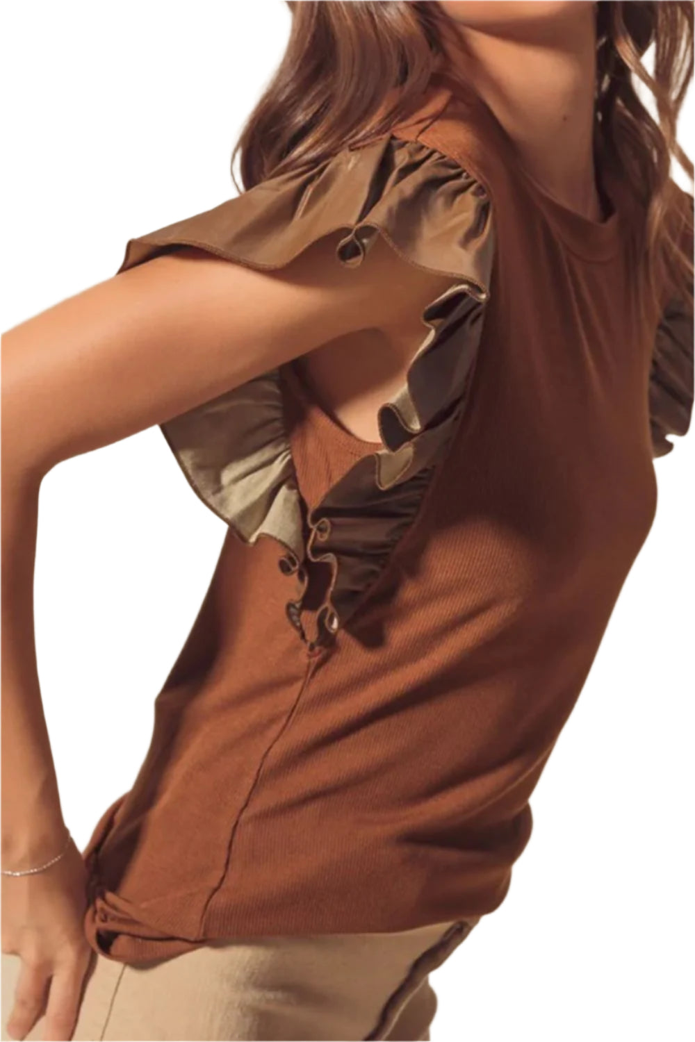 Ruffled Round Neck Cap Sleeve Blouse