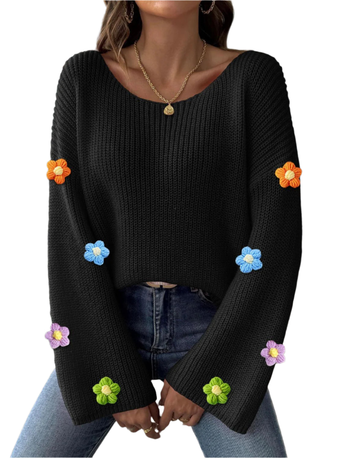Flower Round Neck Long Sleeve Sweater
