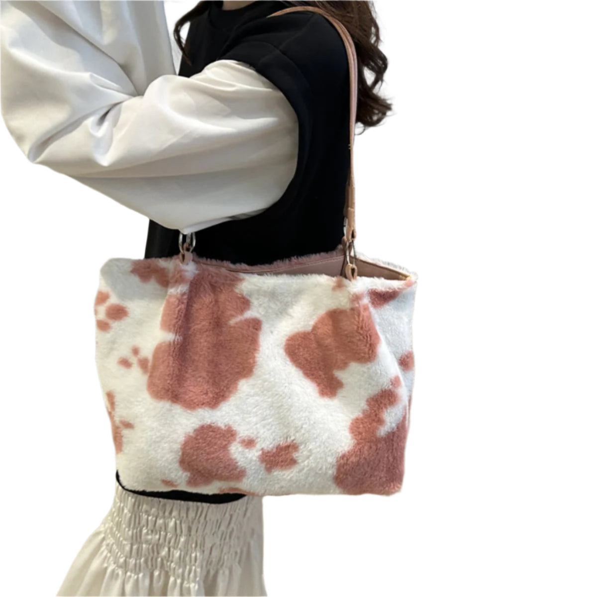 Cow Print Furry Tote Bag