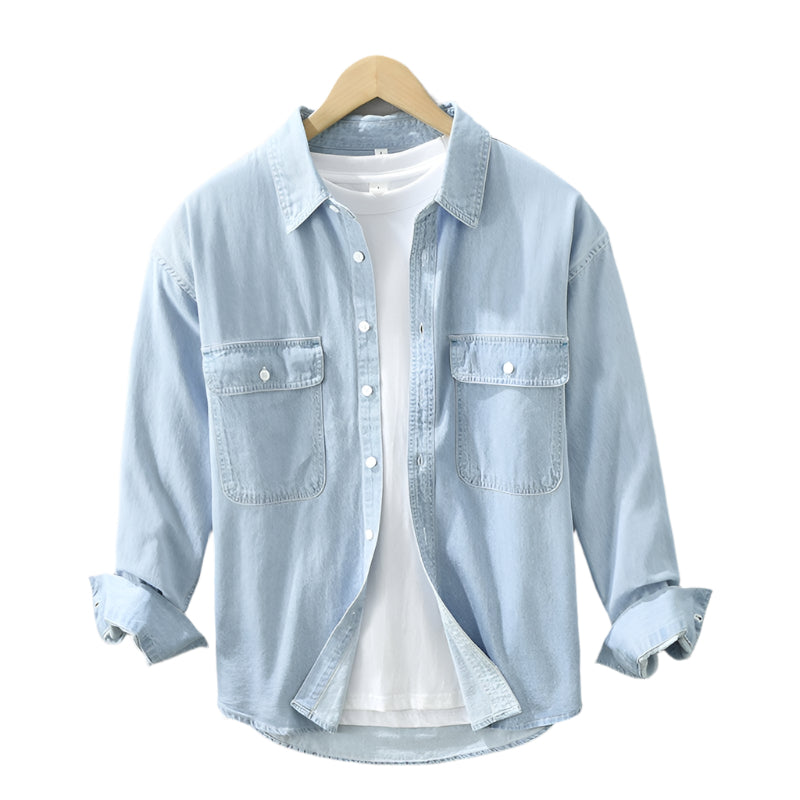 Men's Denim Long Sleeve Loose Button Down Collard Shirt