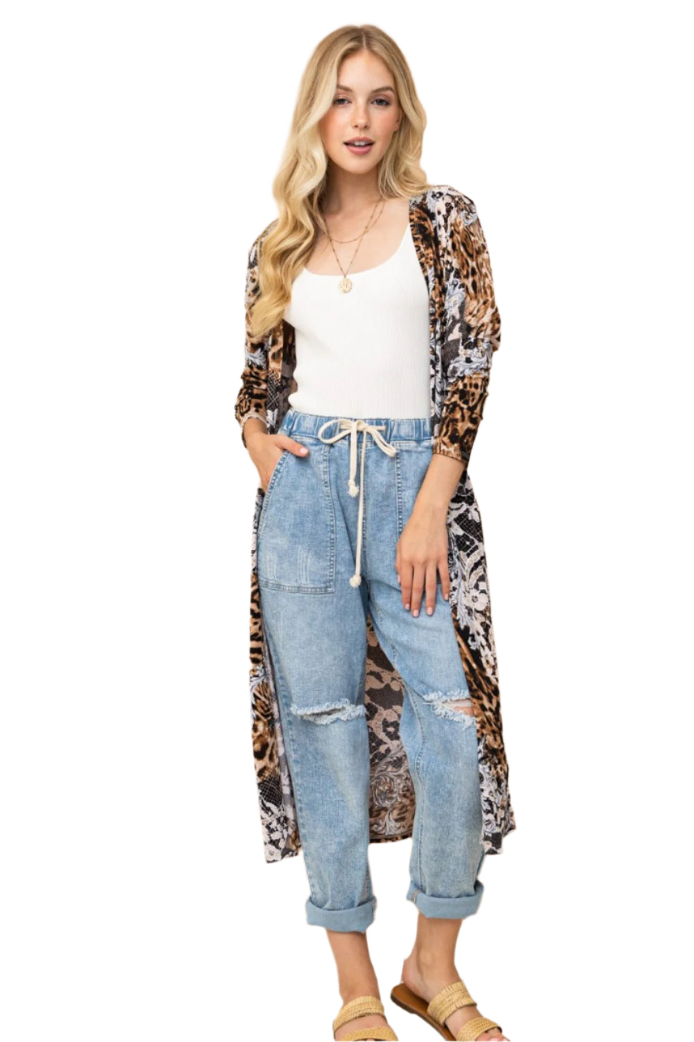And The Why Leopard Kimono Open Front Longline Cardigan
