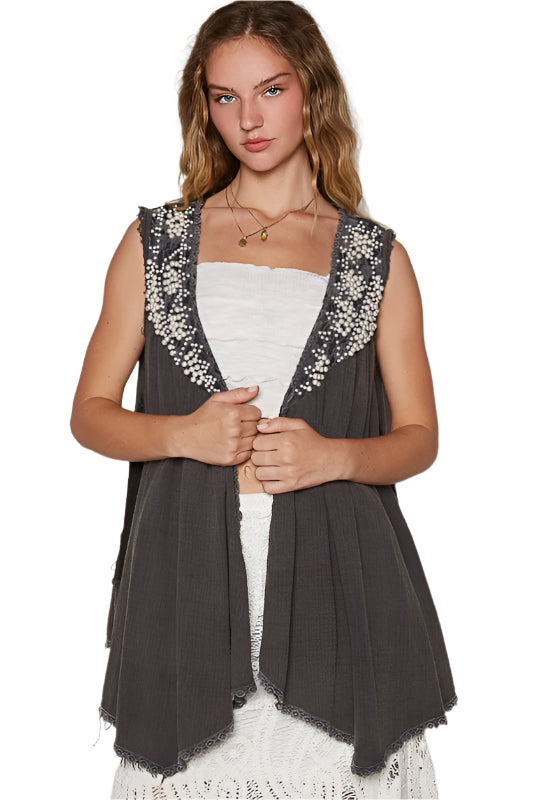 POL Embroidered Pearls Open Front Sleeveless Cardigan