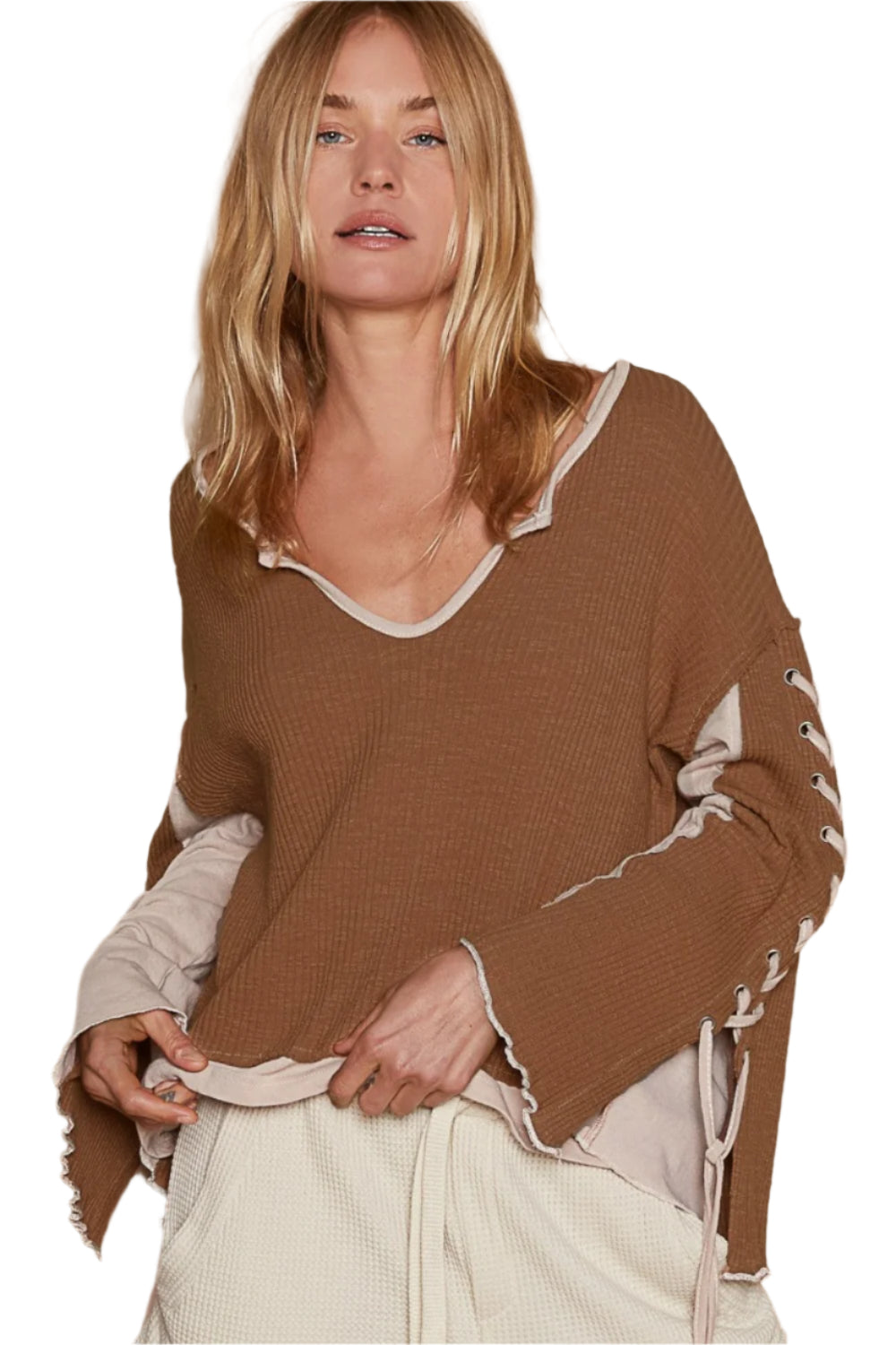 POL Lace-Up Sleeve Color Block Ribbed Knit Top