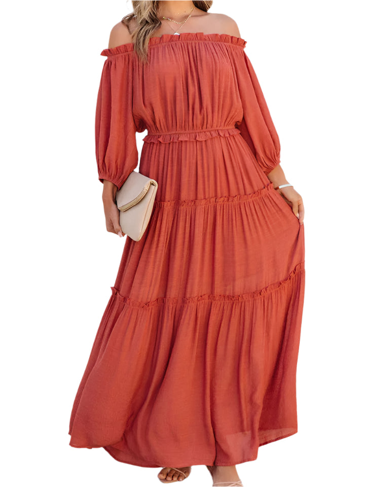 Ruffle Trim Off Shoulder Long Sleeve Maxi Dress