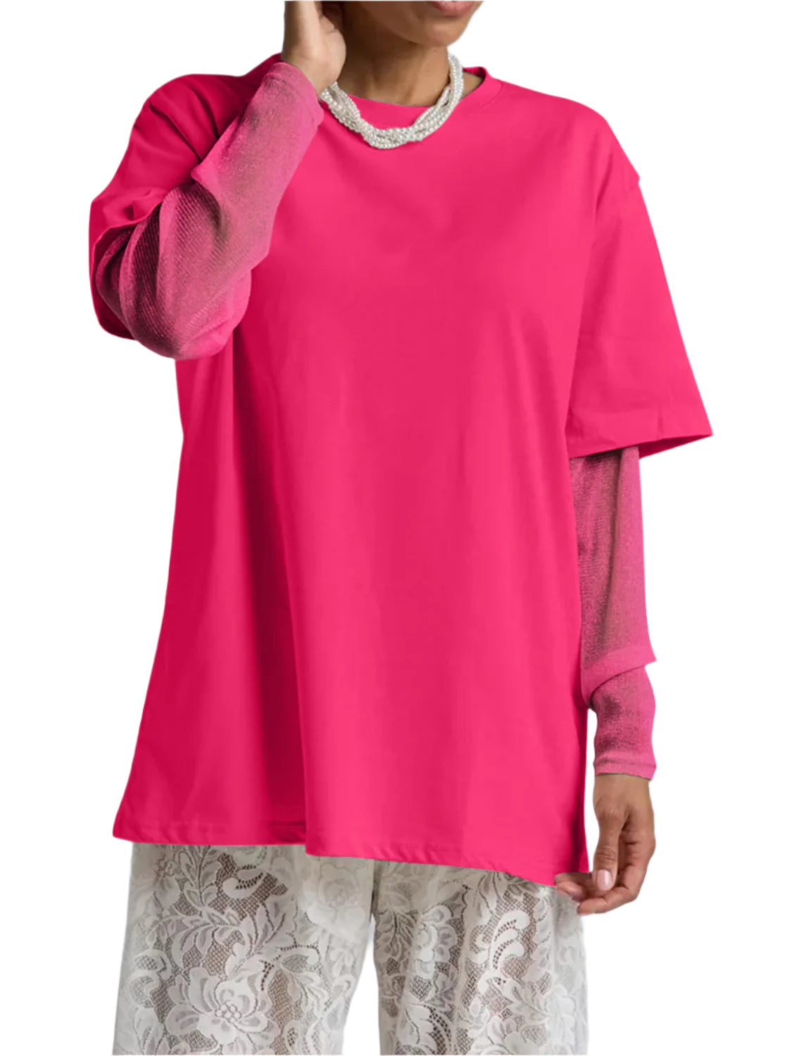 Faux Layered Round Neck Mesh Sleeve Top