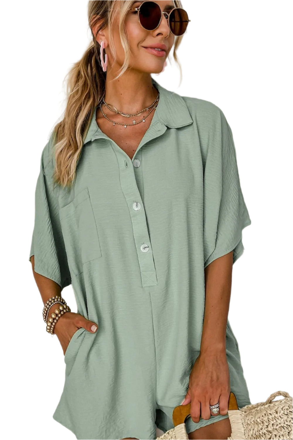 Half Button Collared Neck Romper