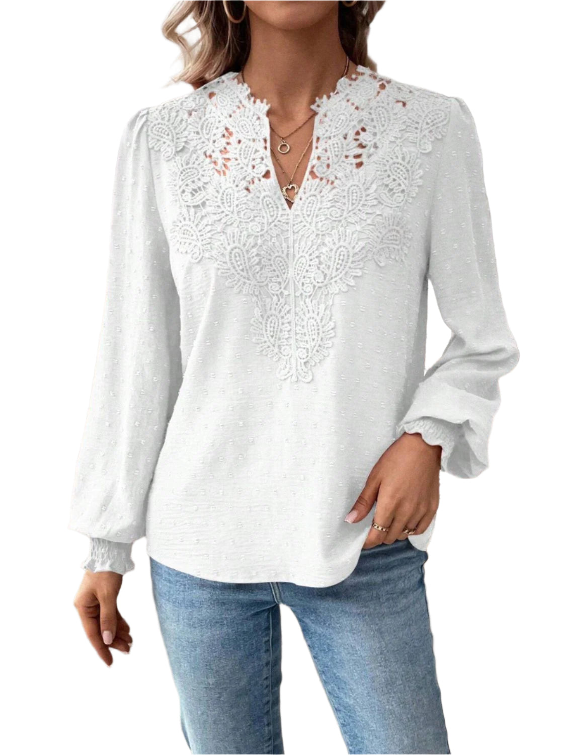 Swiss Dot Lace Detail Notched Long Sleeve Blouse
