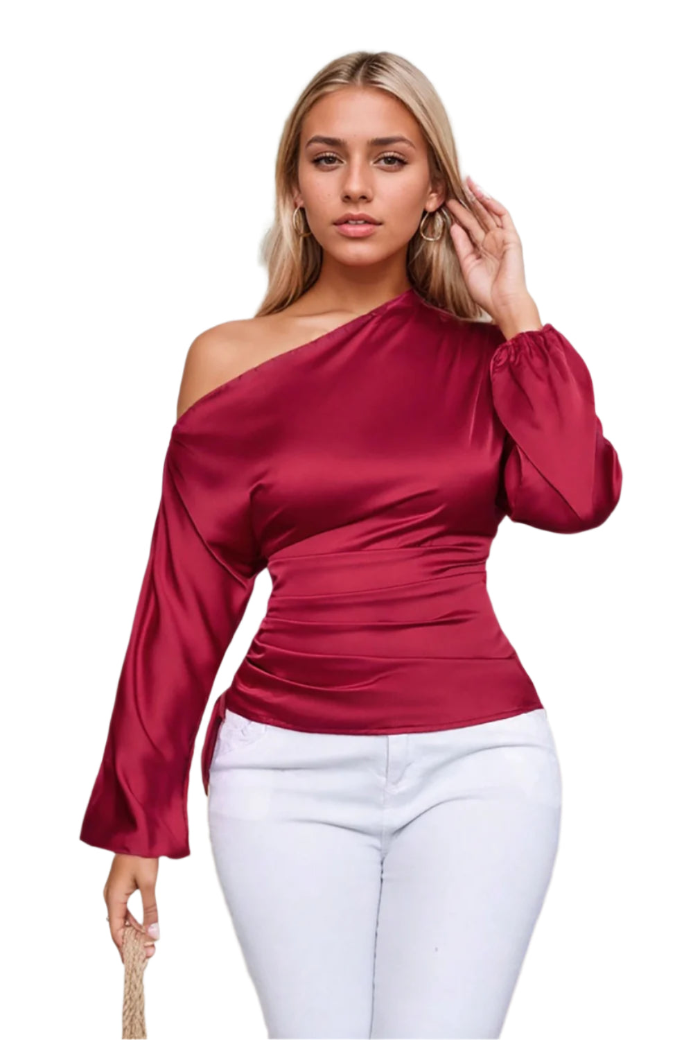 Drawstring One Shoulder Long Sleeve Blouse