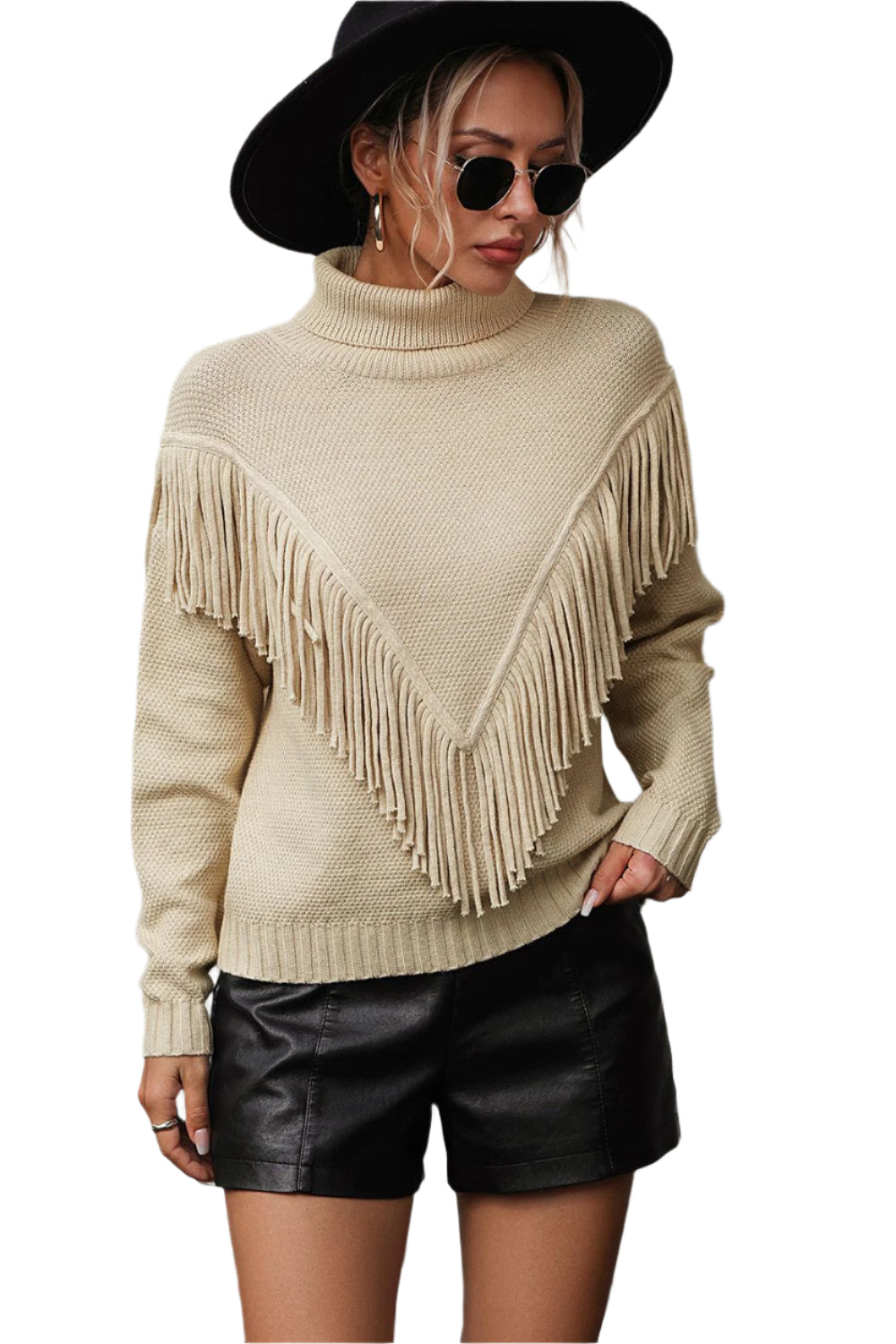 Turtle Neck Tassel Front Long Sleeve Pullover Sweater