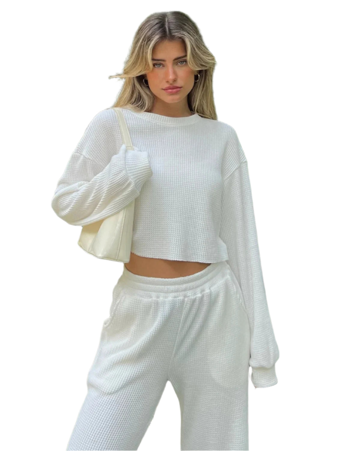 Waffle-Knit Round Neck Top and Pants Set