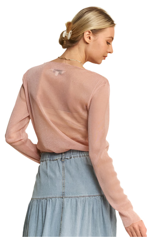 Davi & Dani Glitter Mesh Lettuce Hem Long Sleeve Top