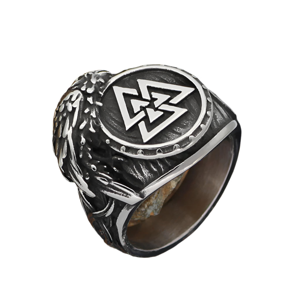 Stainless Steel Valknut Raven Ring