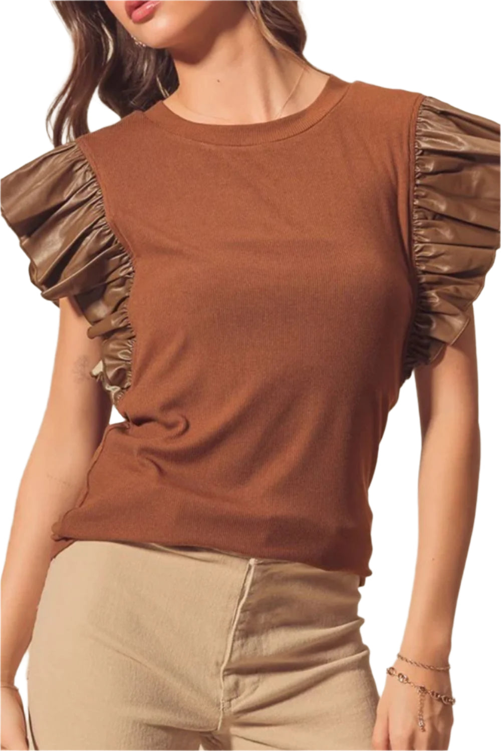 Ruffled Round Neck Cap Sleeve Blouse