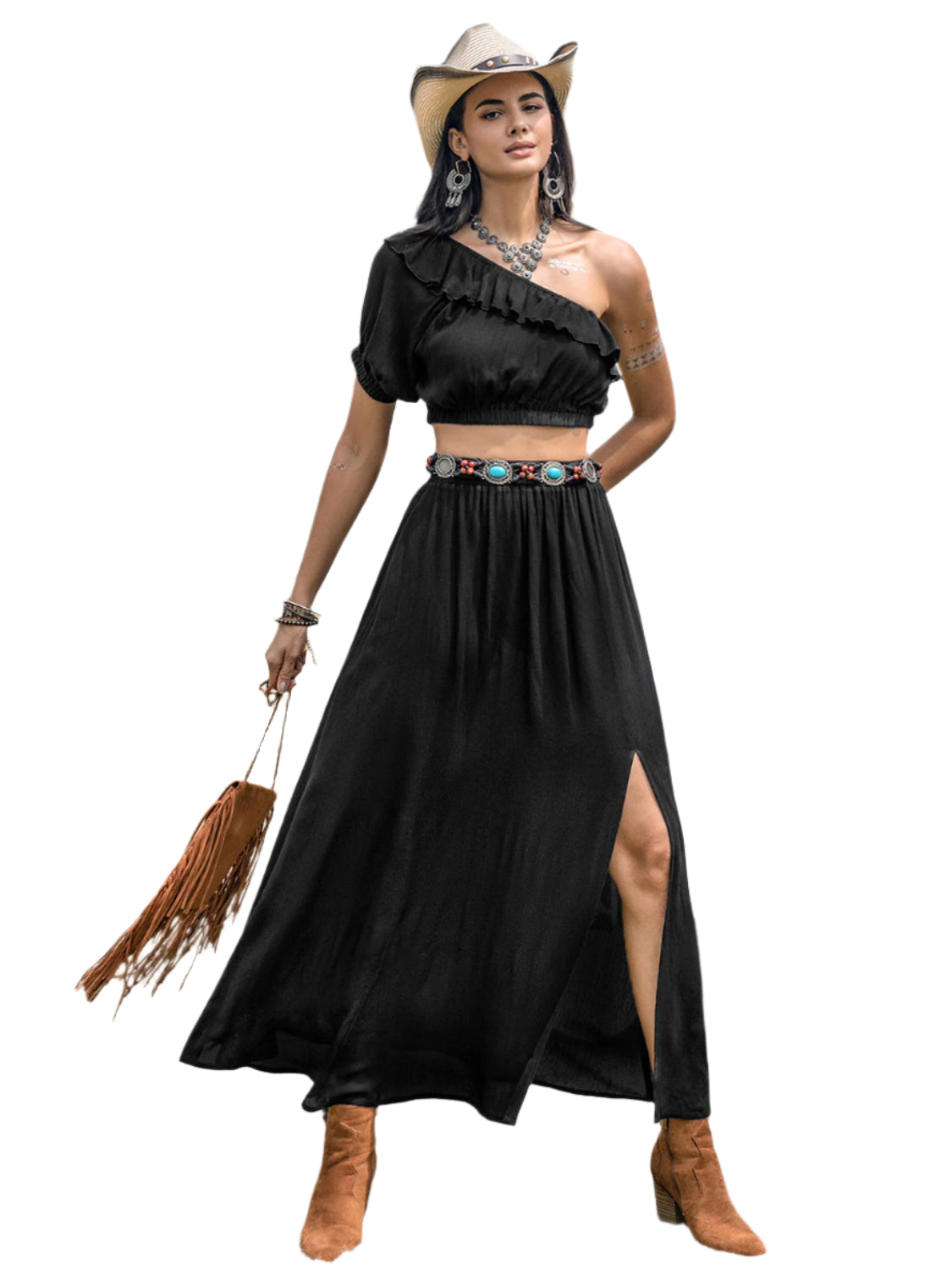 Ruffled Single Shoulder Top and Slit Skirt Set