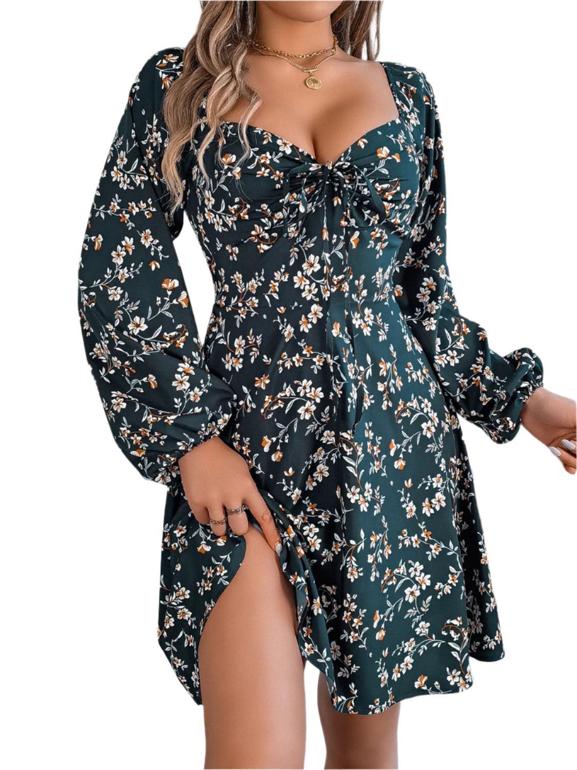 Printed Sweetheart Neck Balloon Sleeve Mini Dress