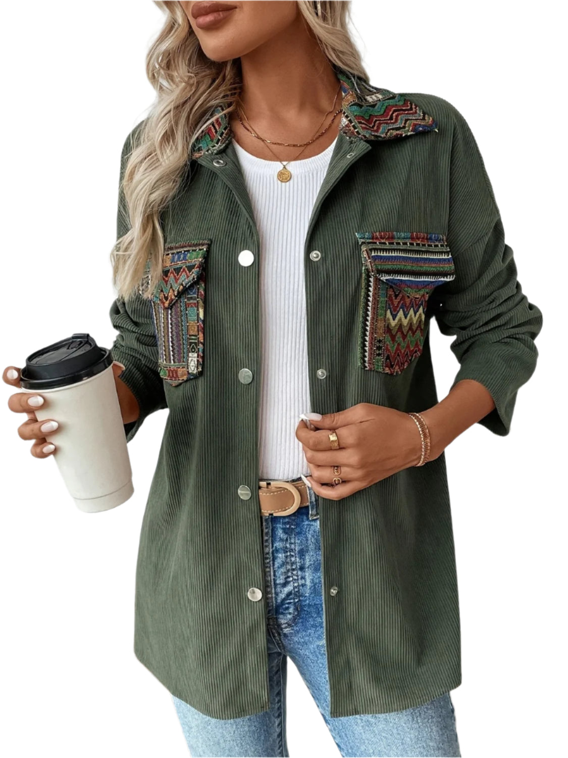 Snap Down Long Sleeve Jacket with Chest Pockets