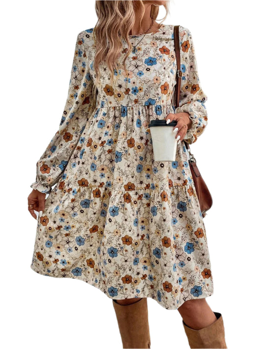 Tiered Floral Round Neck Long Sleeve Dress