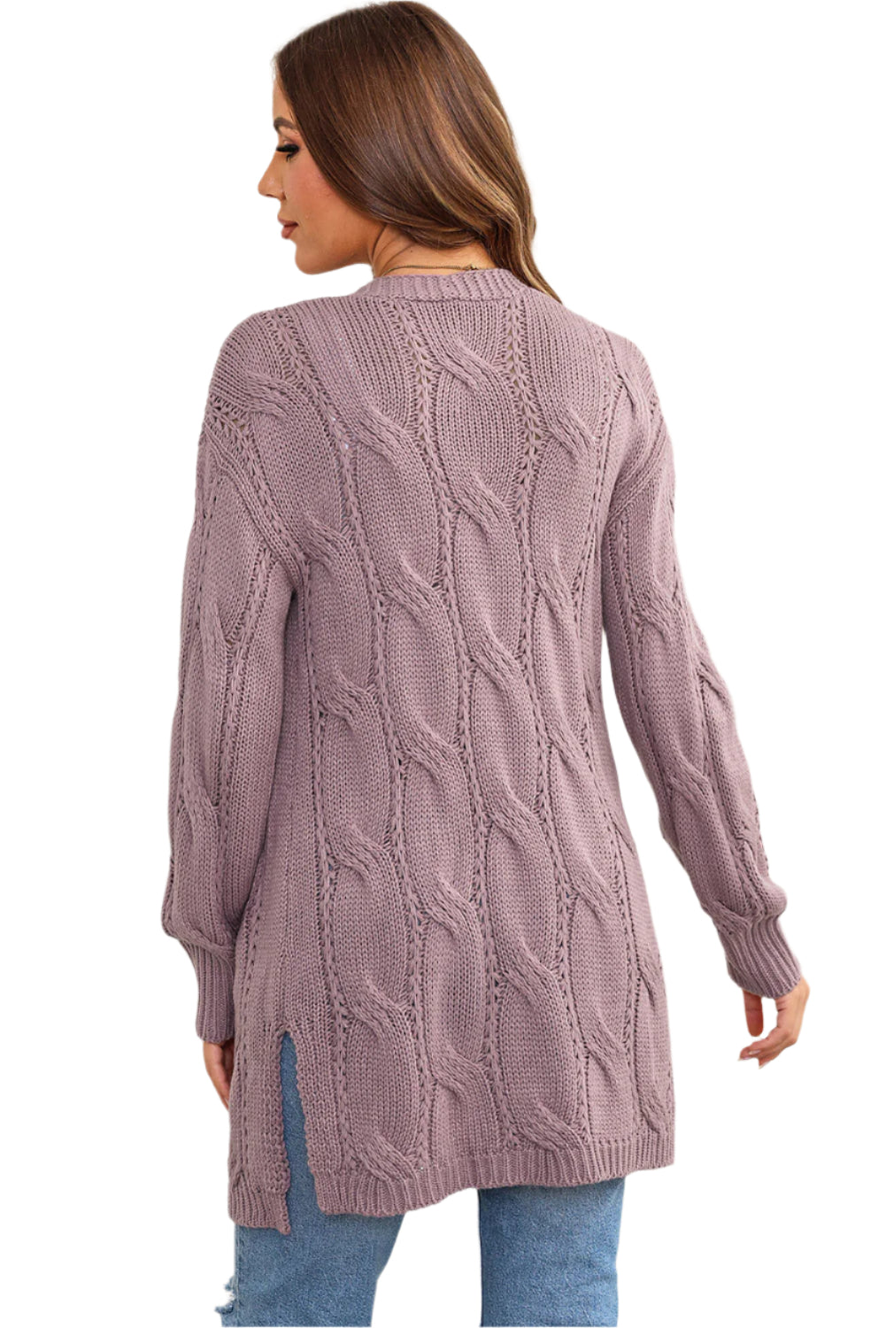 Cable-Knit Dropped Shoulder Slit Cardigan