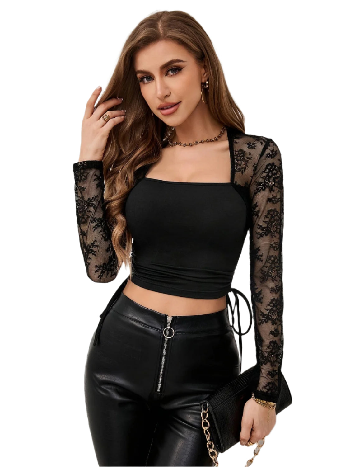 Side Drawstring Square Neck Long Sleeve Top