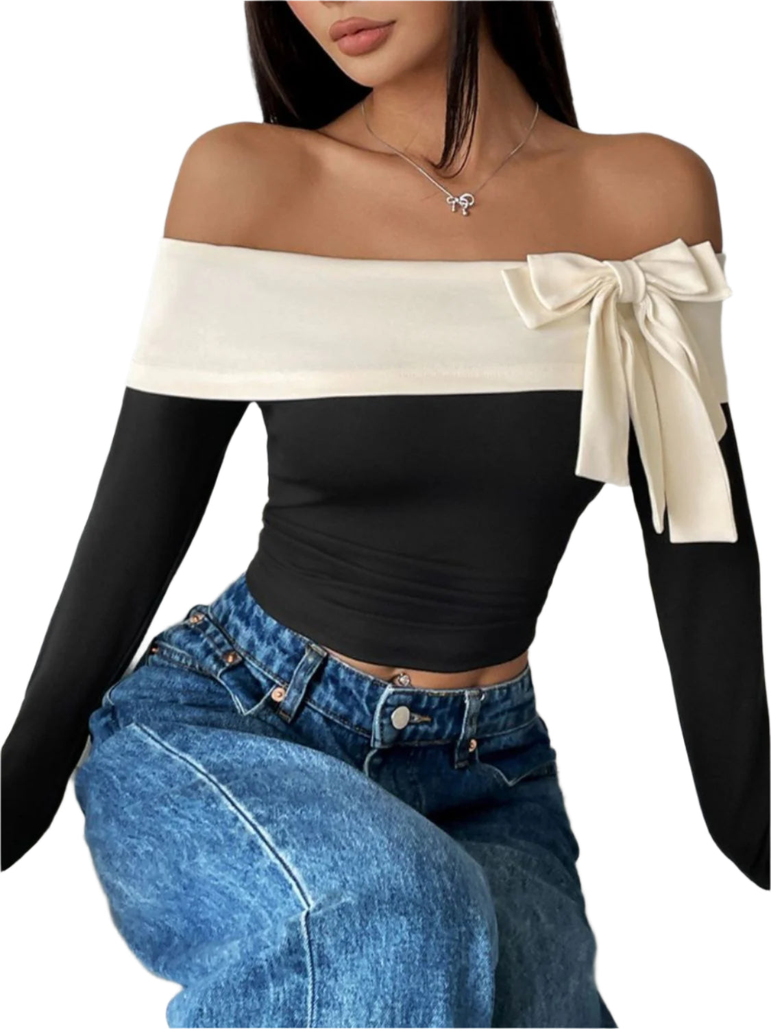 Perfee Bow Contrast Off-Shoulder Long Sleeve Top