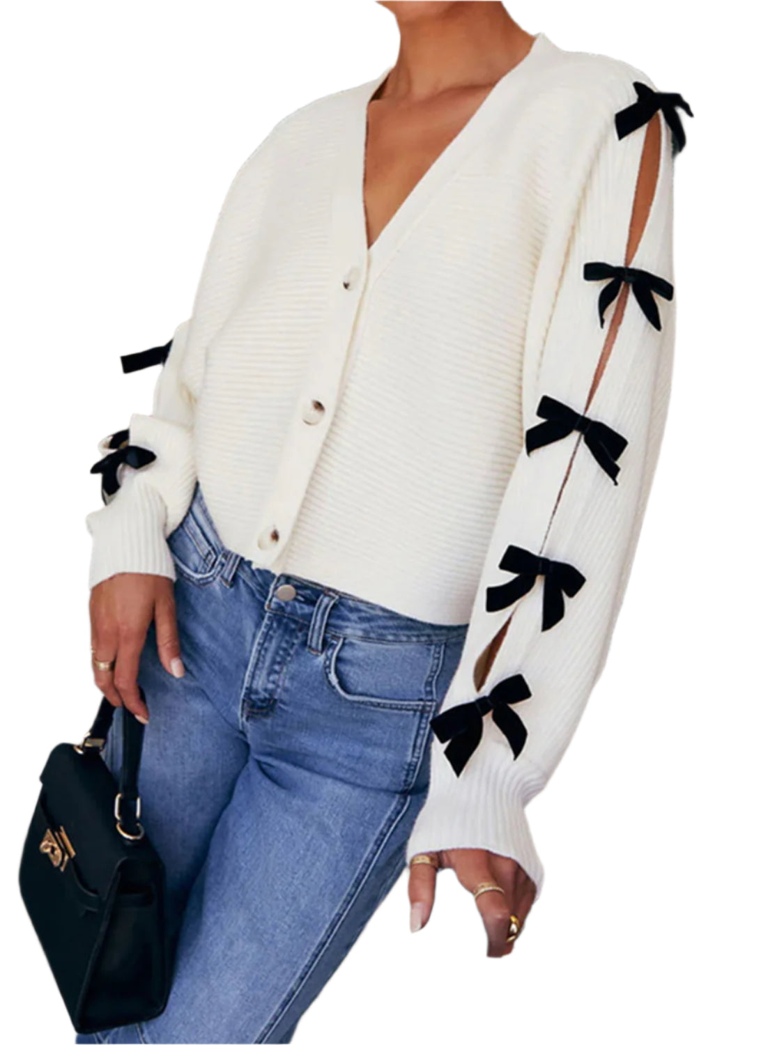 Bow V-Neck Cutout Sleeve Cardigan