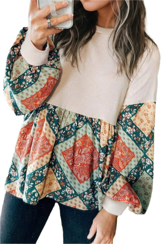 Printed Round Neck Long Sleeve Blouse