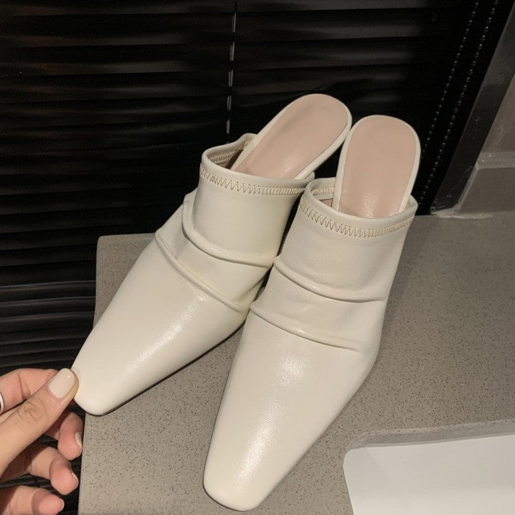 Cowhide Closed Toe Pleated High Heel Mule