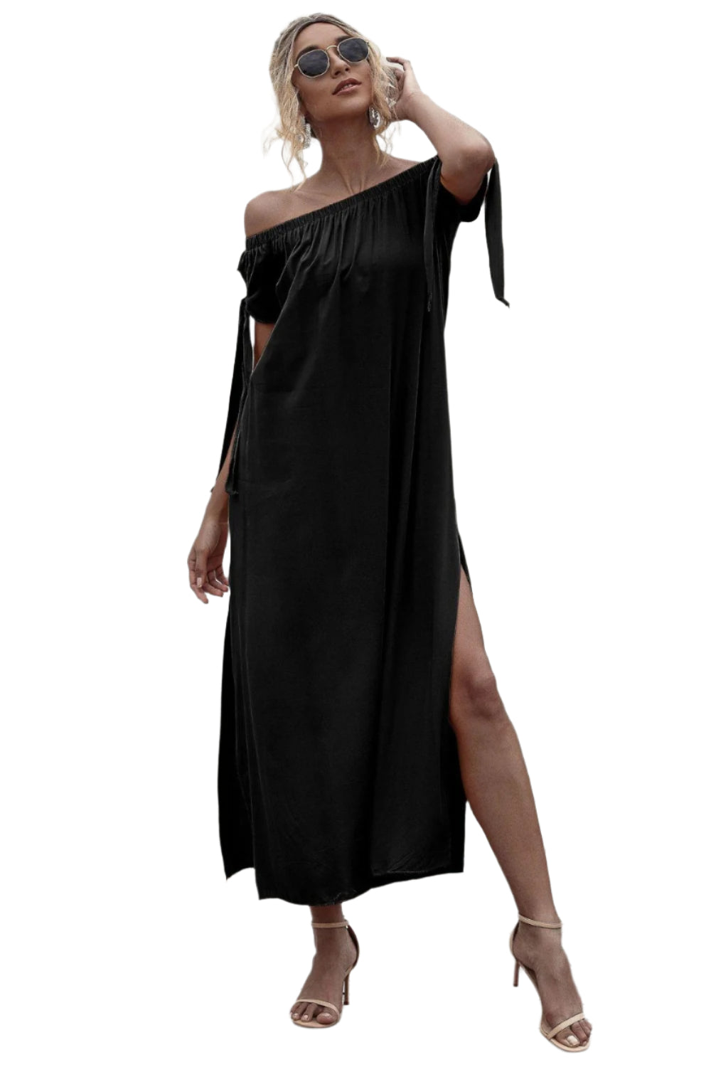 Slit Off Shoulder Short Sleeve Midi Dress