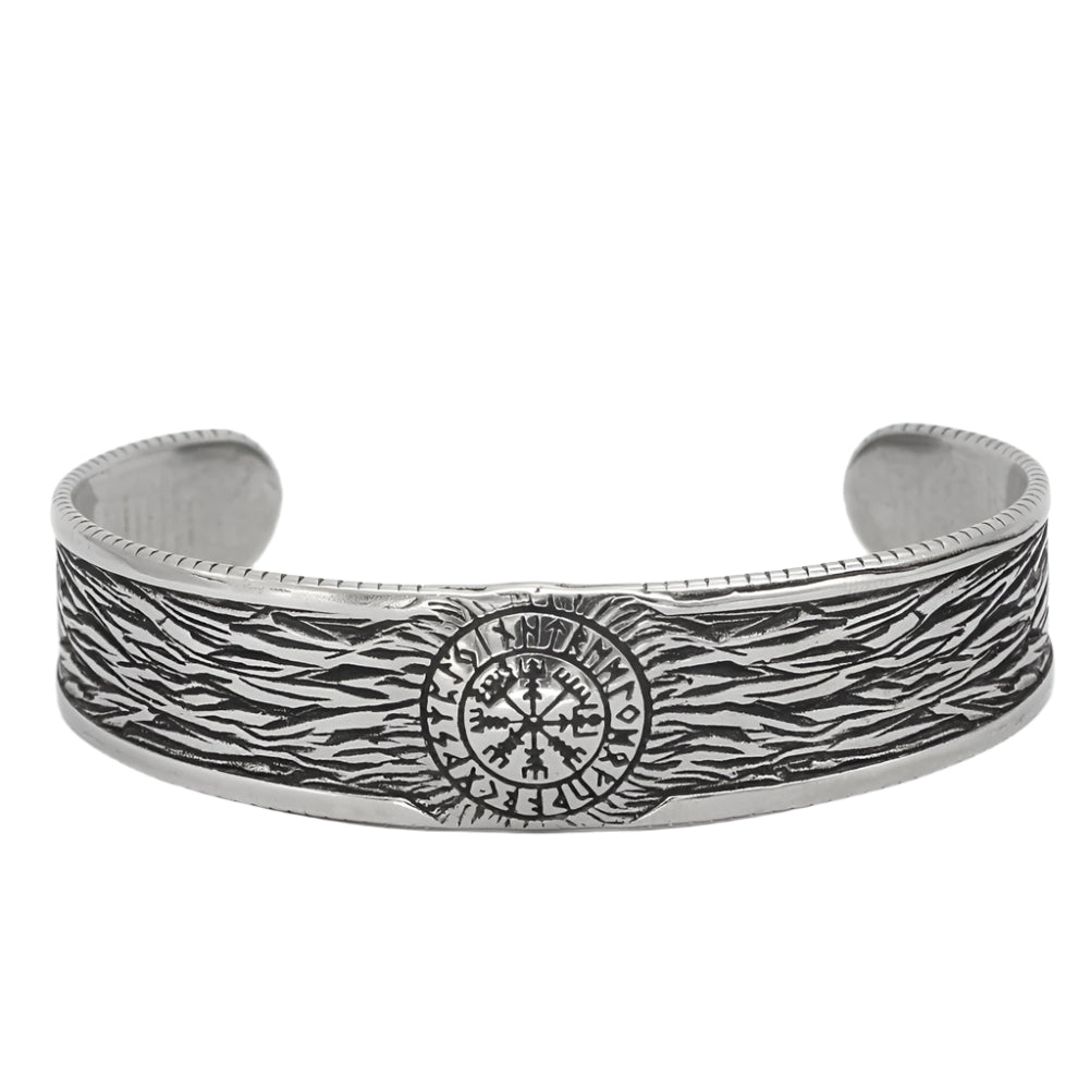 Vegvísir Stainless Steel Norse Elder Futhark  Runes Open Solid Cuff Bracelet