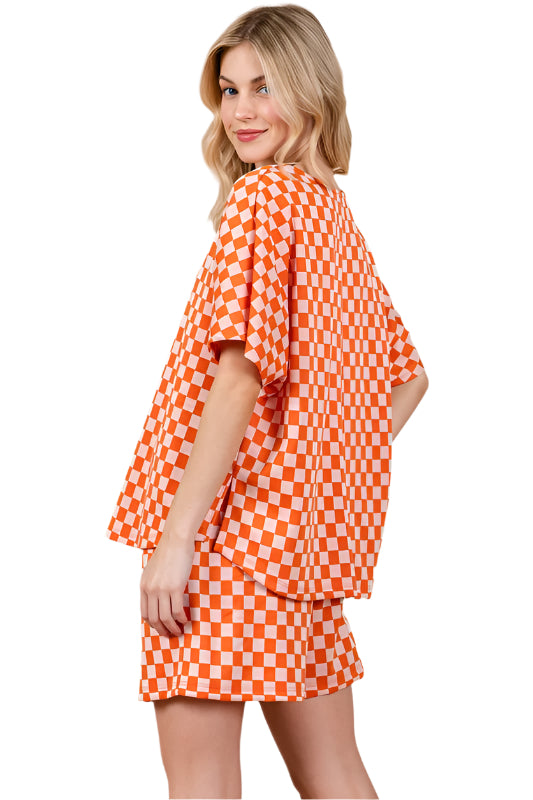Ces Femme Checkered Round Neck Top and Shorts Set