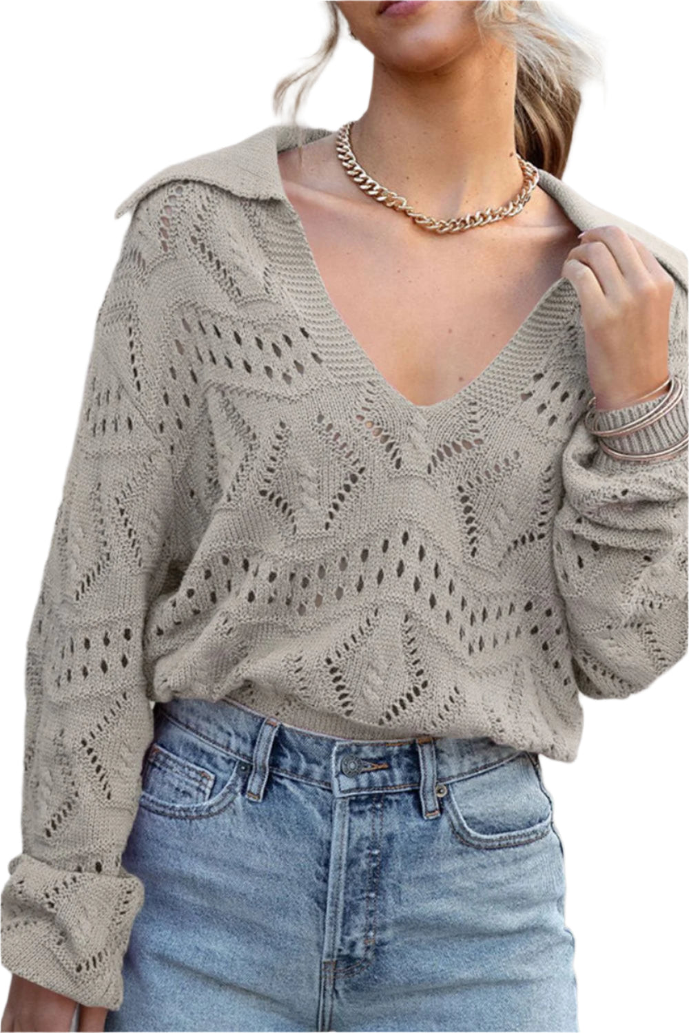Hollow Out Johnny Collar Sweater