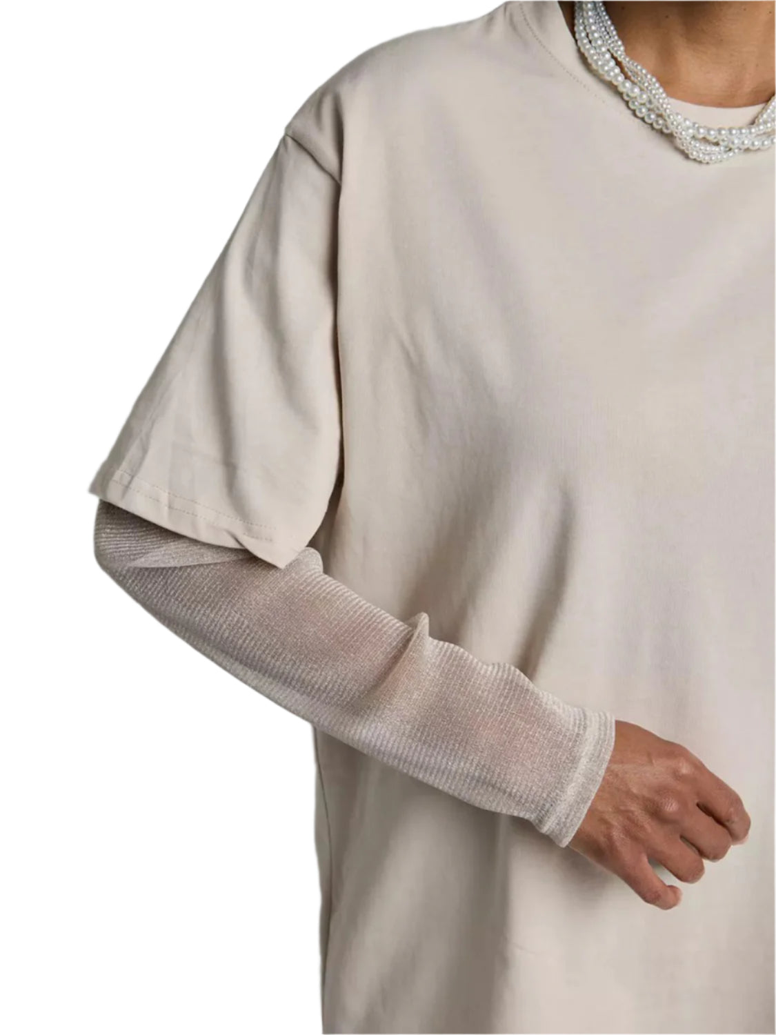Faux Layered Round Neck Mesh Sleeve Top