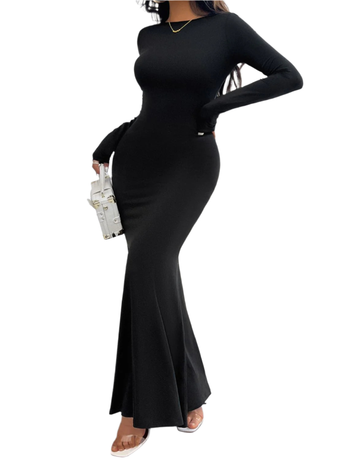 Devine Backless Round Neck Long Sleeve Maxi Dress