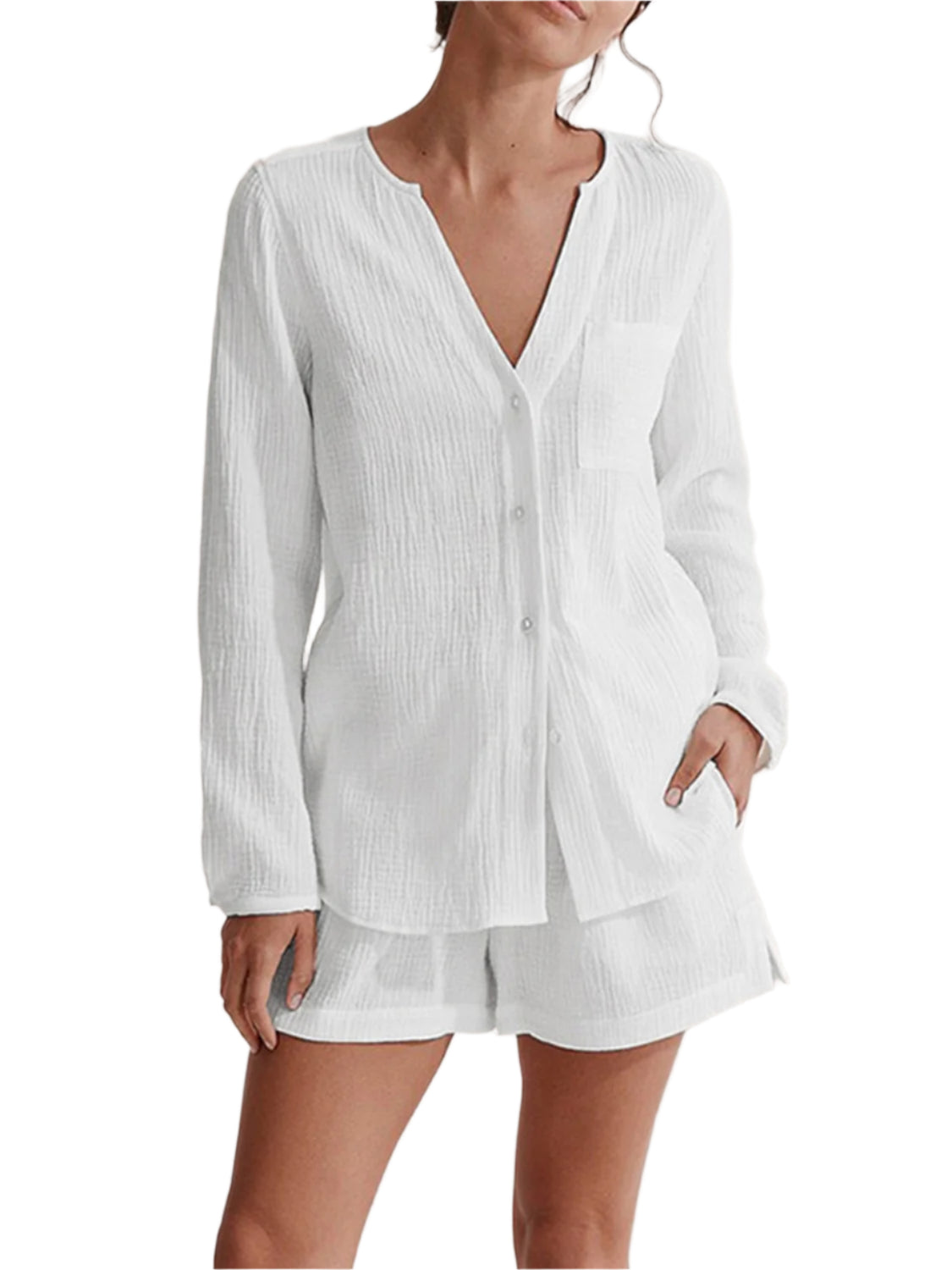 Notched Long Sleeve Top and Shorts Set