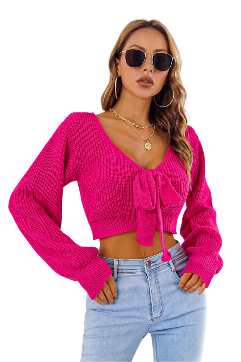 Bow V-Neck Long Sleeve Cropped Sweater