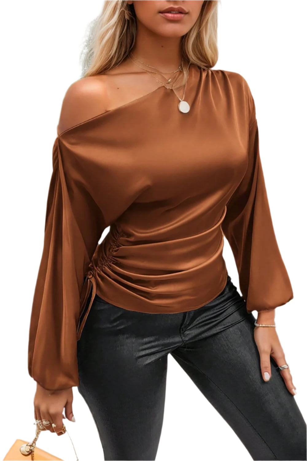 Drawstring One Shoulder Long Sleeve Blouse