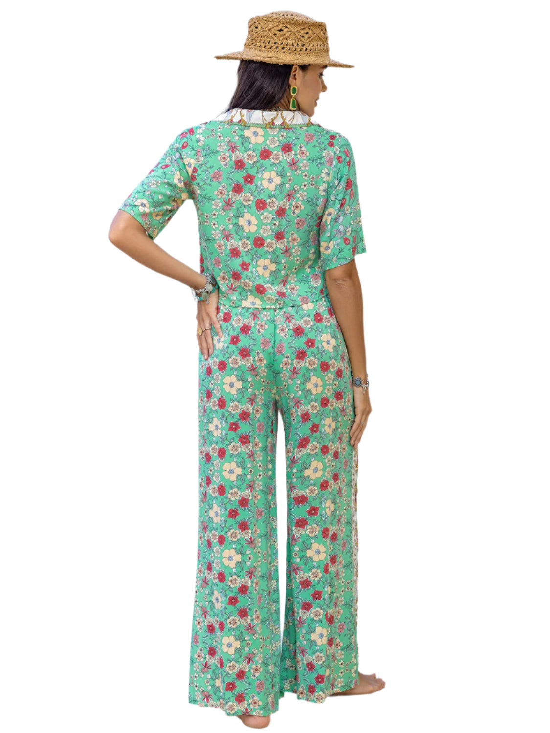 Printed Half Sleeve Top and Wide Leg Pants Set