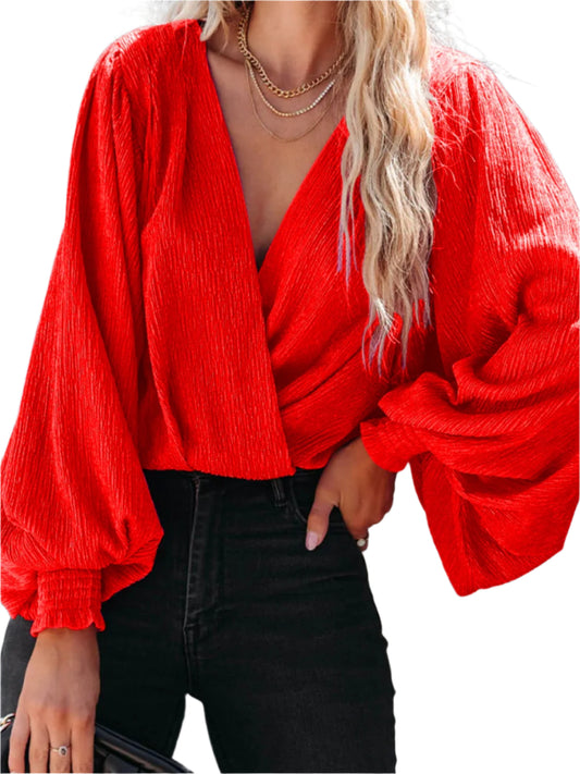 Texture Surplice Lantern Sleeve Blouse