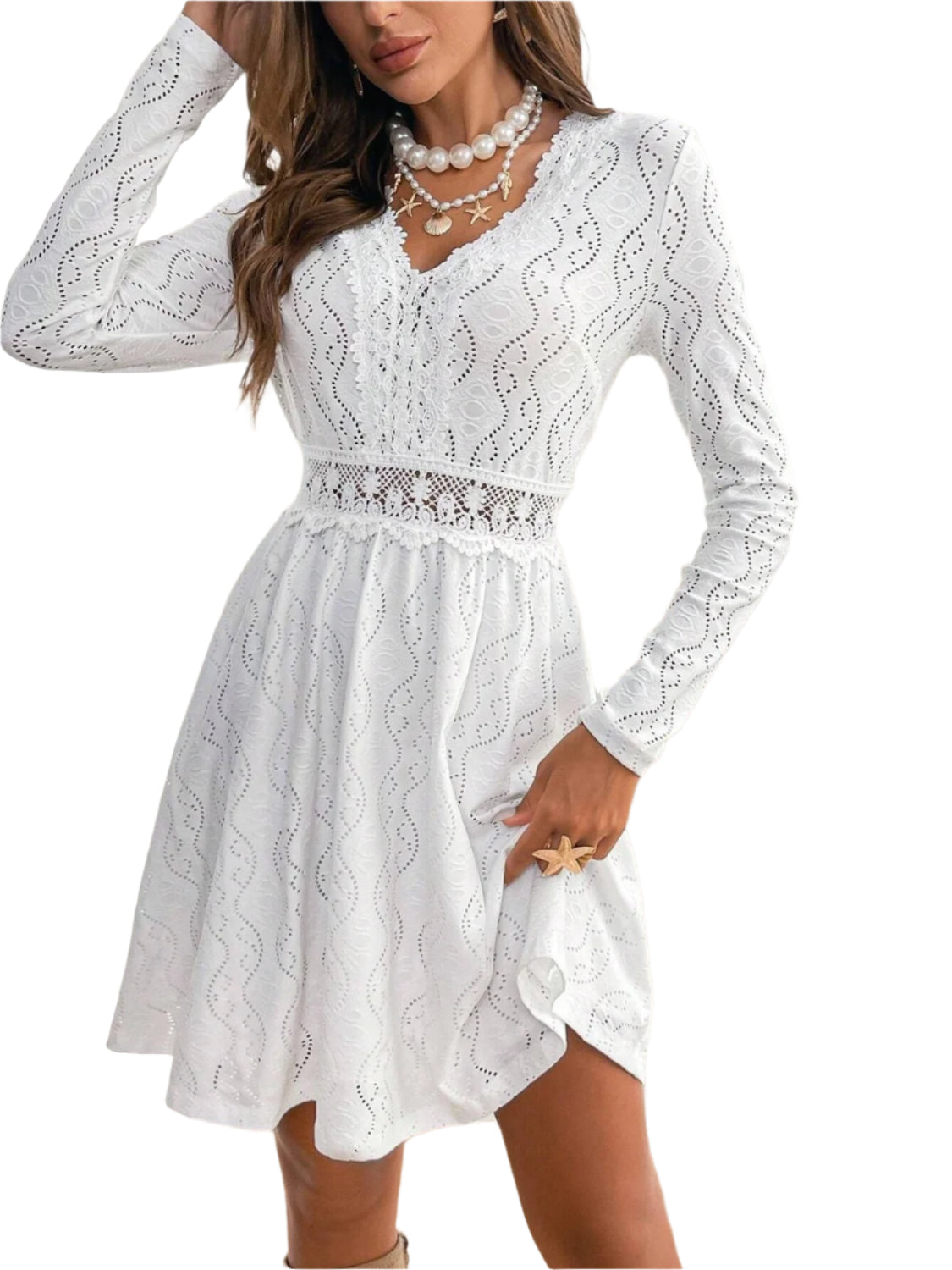 Lace Detail V Neck Long Sleeve Mini Dress