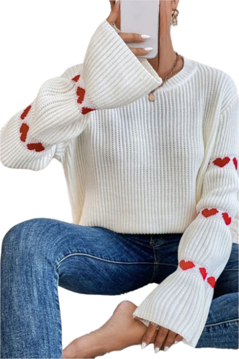 Heart Round Neck Long Sleeve Sweater