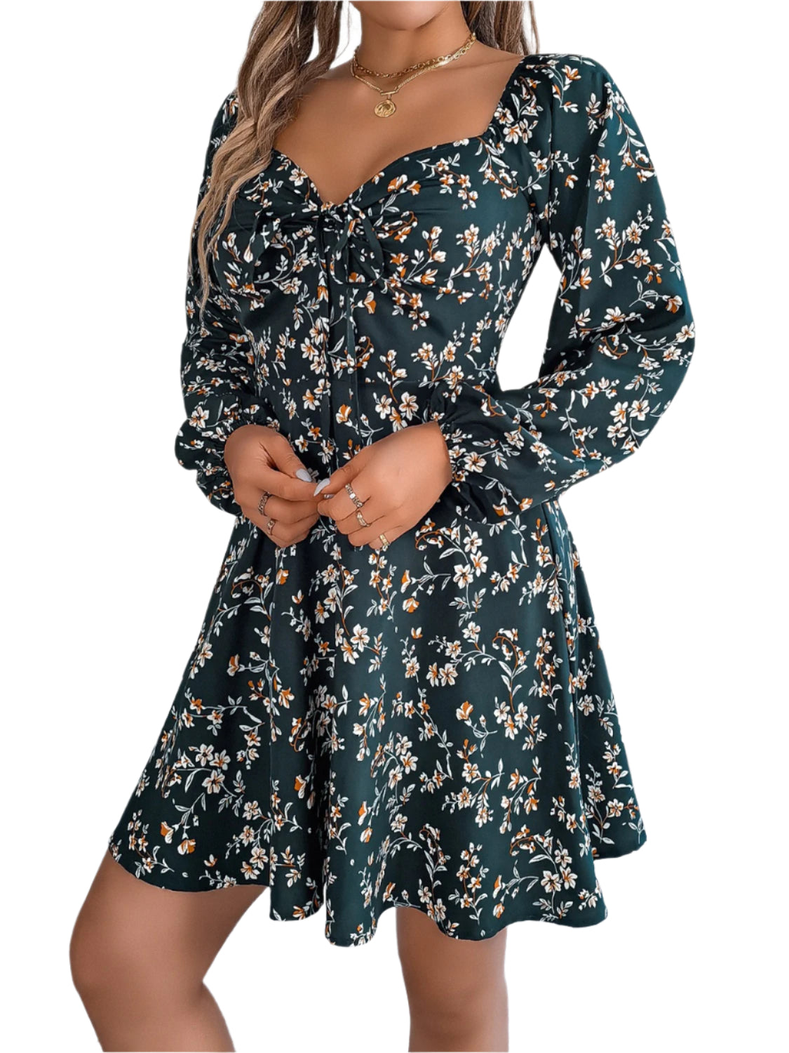 Printed Sweetheart Neck Balloon Sleeve Mini Dress