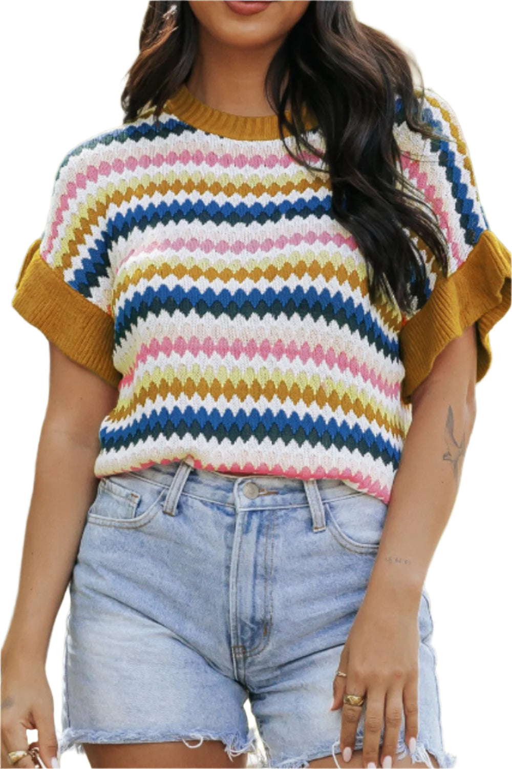 Contrast Round Neck Short Sleeve Sweater