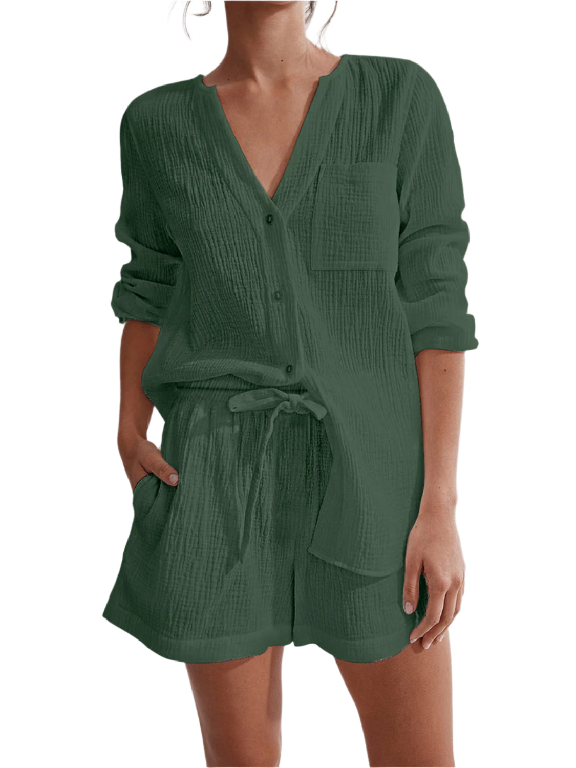 Notched Long Sleeve Top and Shorts Set